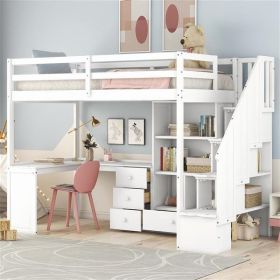 Twin Size Loft Bed with L-Shaped Desk and Drawers, Cabinet and Storage Staircase, White