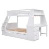 Twin over Full Bunk Bed with Trundle and Built-in Desk, Three Storage Drawers and Shelf,White