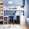 Full size Loft Bed with Shelves and Desk, Wooden Loft Bed with Desk - White