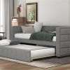 Twin Size Daybed with Trundle, Upholstered Daybed with Padded Back, Gray