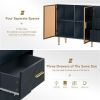 Modern Sideboard MDF Buffet Cabinet Marble Sticker Tabletop and Amber-yellow Tempered Glass Doors with Gold Metal Legs & Handles (Navy Blue)